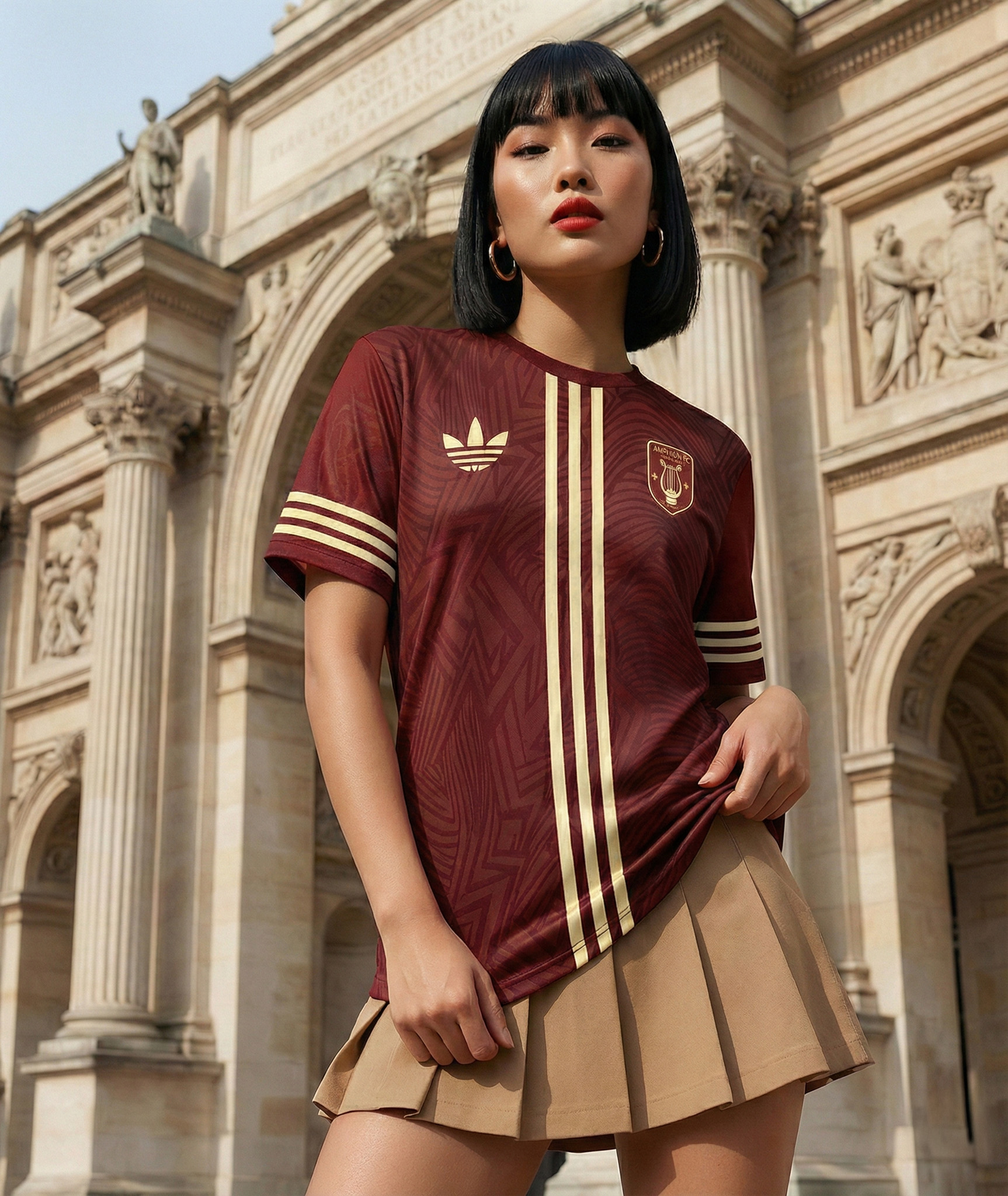 Mannequin portant le maillot domicile bordeaux et or de l'Amphion FC dans un style urbain chic devant un monument historique.
