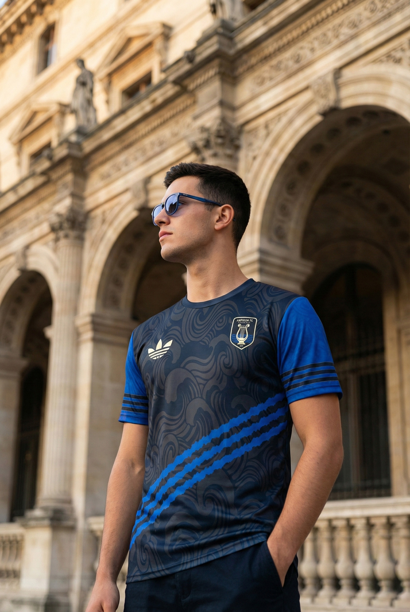 Mannequin homme portant le maillot extérieur bleu et noir de l'Amphion FC avec lunettes de soleil devant une architecture classique.