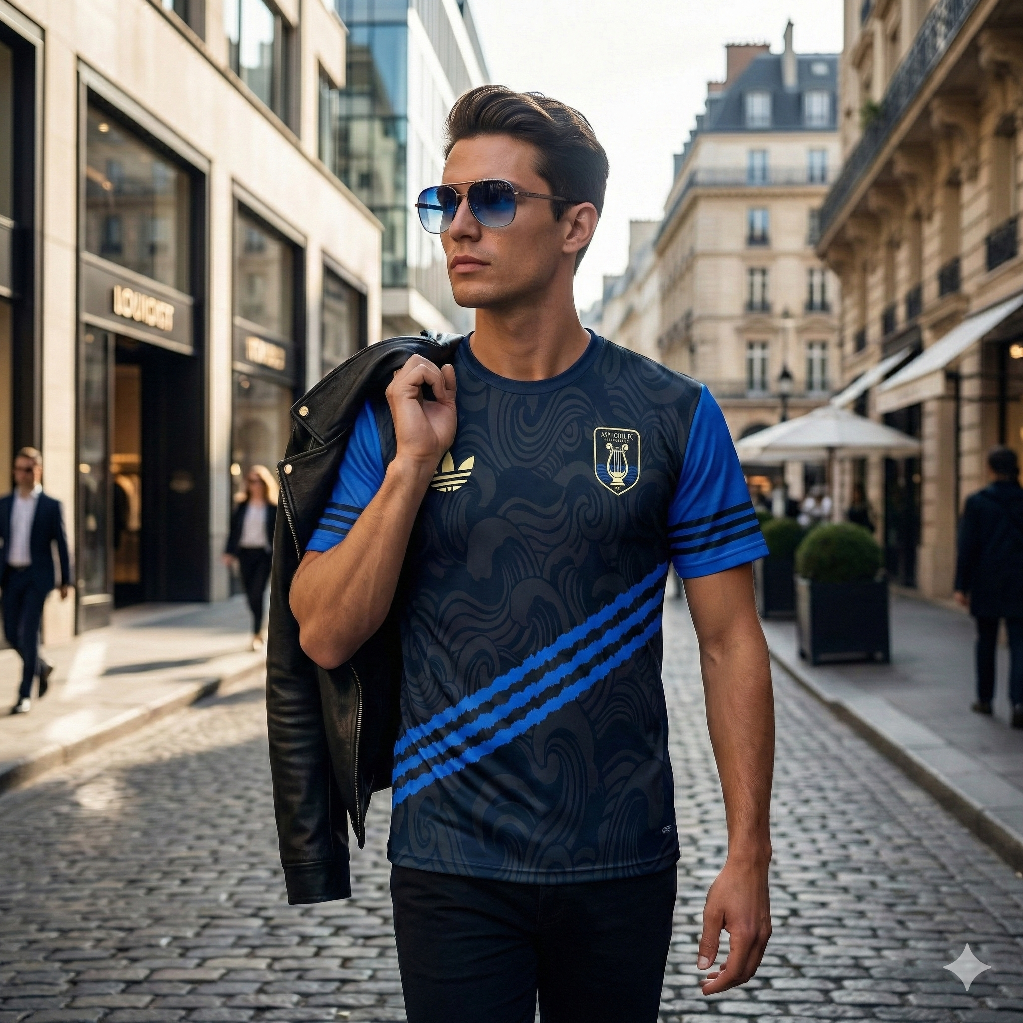 Lucas M, joueur du Amphion FC, portant le maillot officiel bleu et or du club de football de Haute-Savoie.