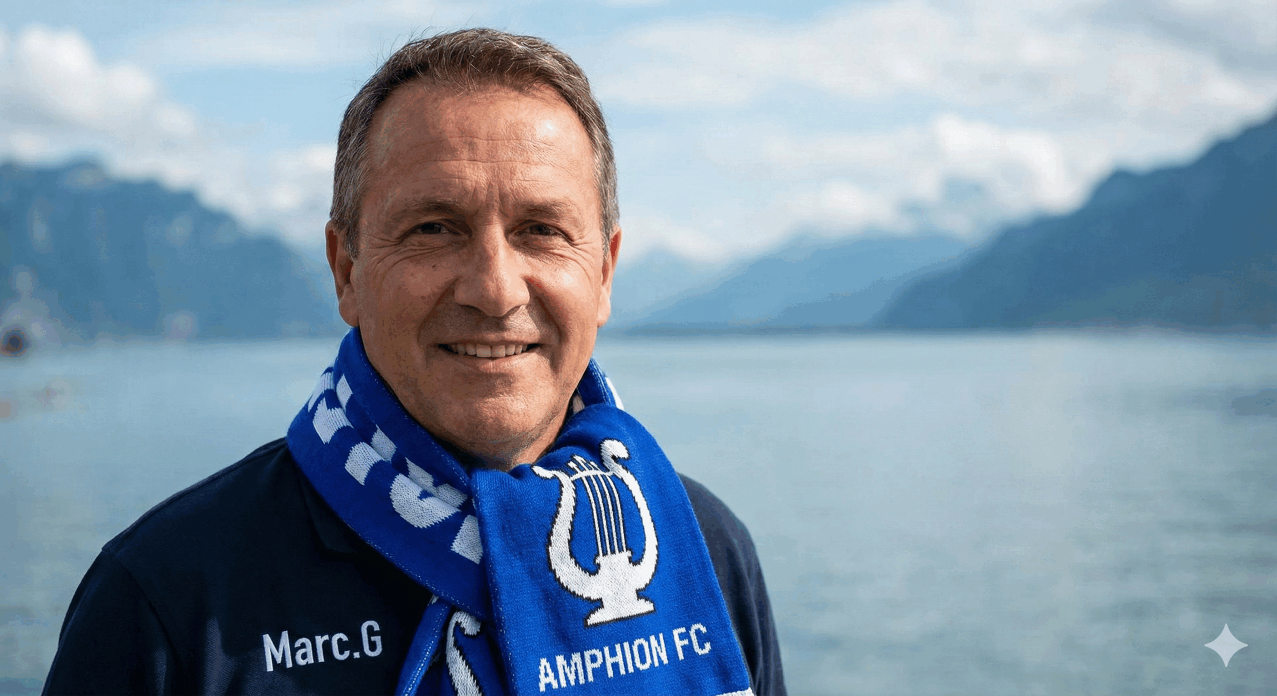 Marc G, supporter passionné du Amphion FC, portant l'écharpe bleue officielle du club devant le lac Léman et les montagnes.