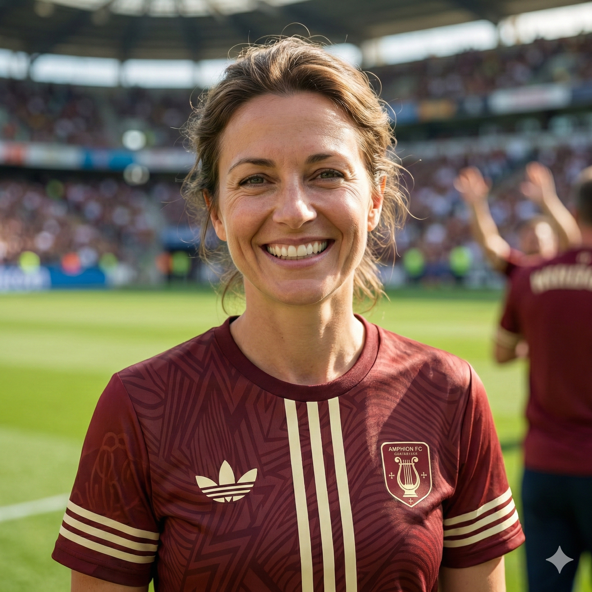 Sophie G, parent de joueur et supportrice du Amphion FC, portant le maillot bordeaux et or dans un stade de football.