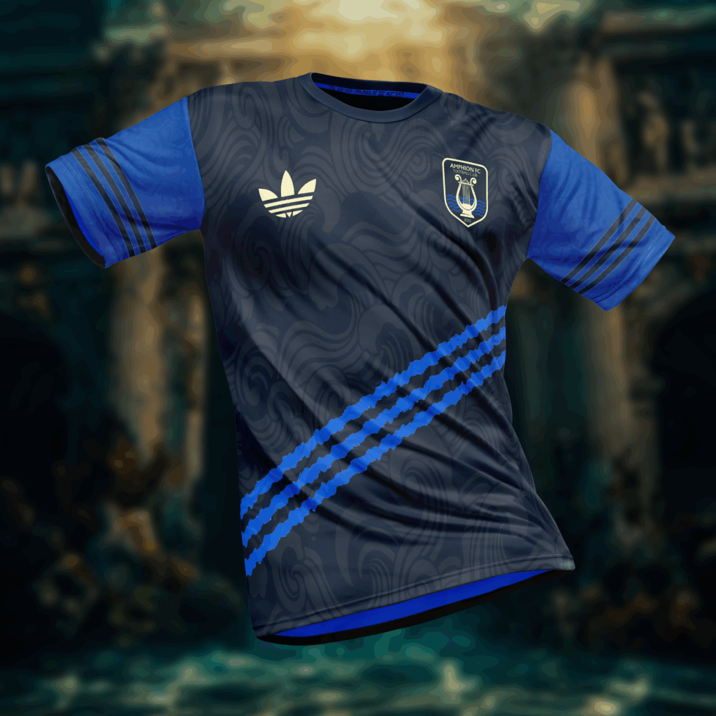 Maillot extérieur officiel Amphion FC bleu et noir avec motif vagues, logo Adidas et blason à la Lyre.