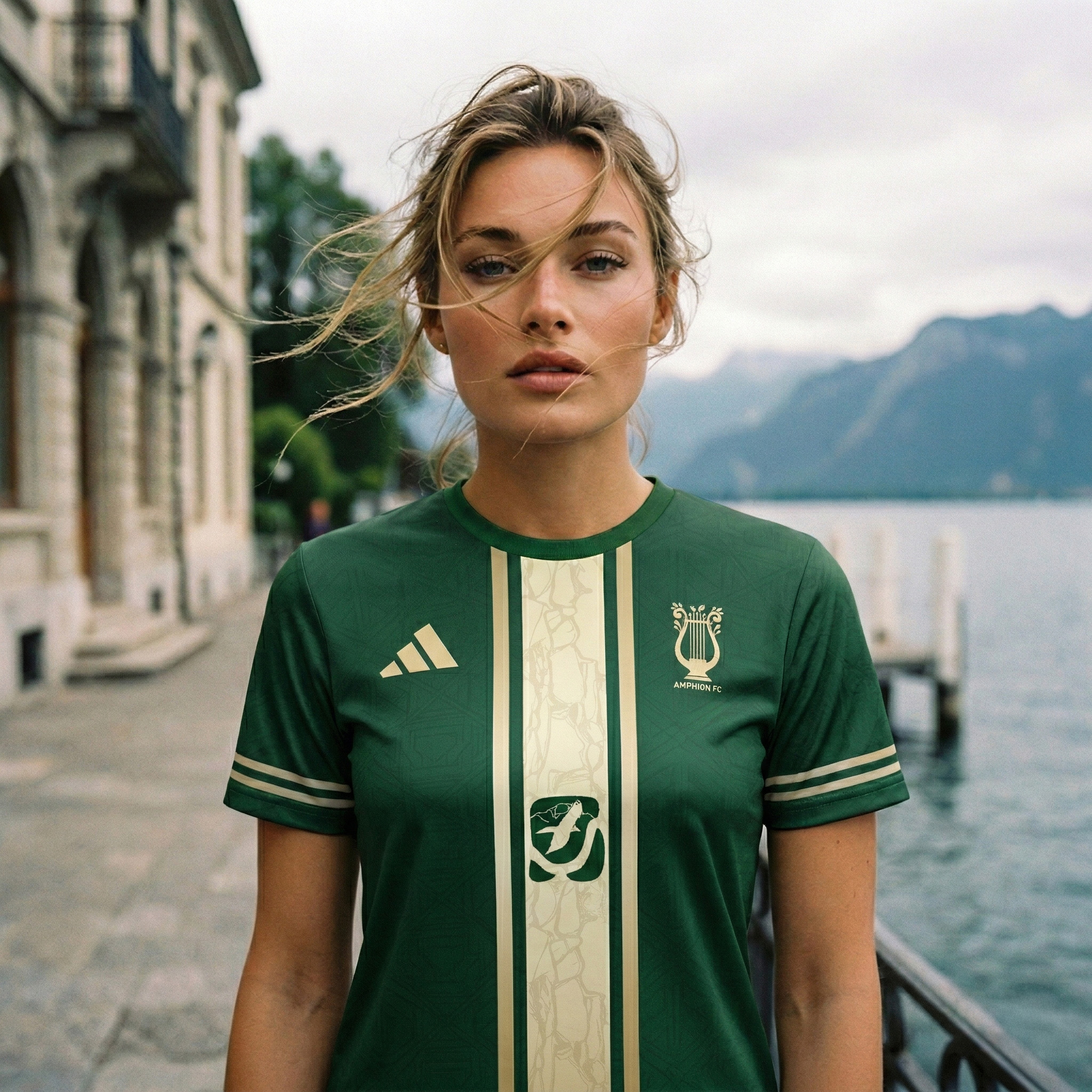 Mannequin portant le 3ème maillot vert "Nature" de l'Amphion FC avec le sponsor Asters au bord du lac Léman.